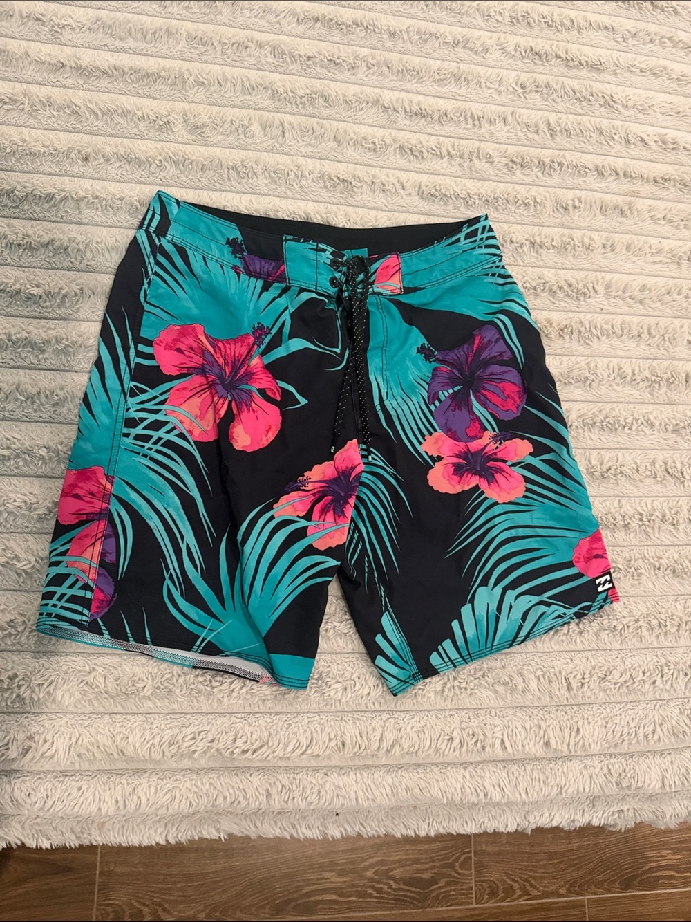 Billabong Black Boardshorts with Teal Palms & Pink Hibiscus